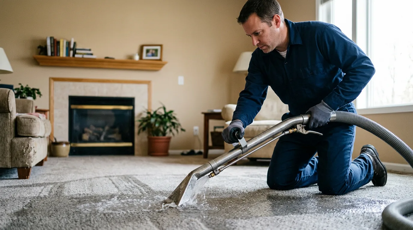 Water damage restoration technician working near Sterling, KS